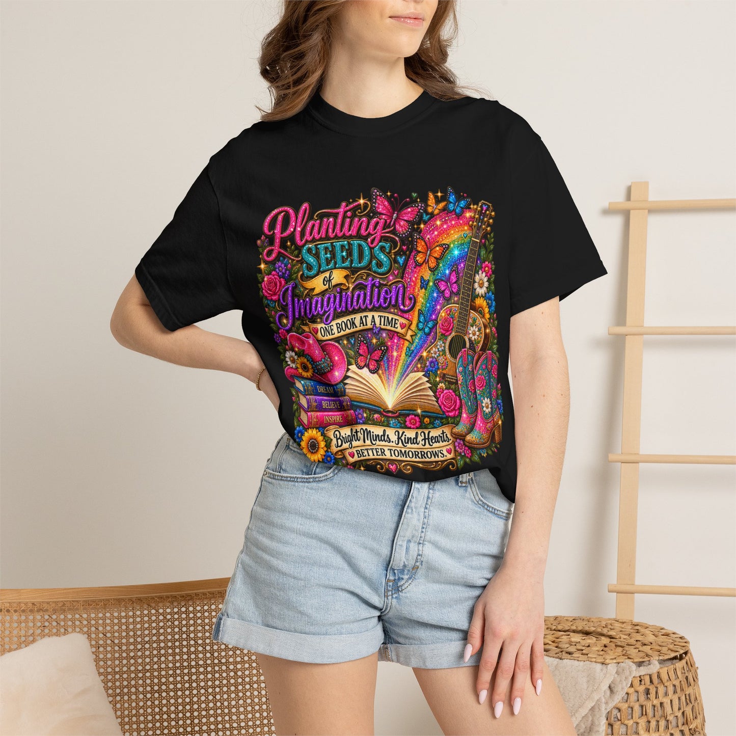 Planting Seeds of Imagination T-shirt, Colorful Book & Boots, Country Western, Guitar Tee