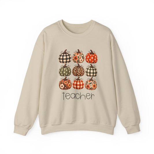 Fall Pumpkin teacher crewneck sweatshirt – flat lay