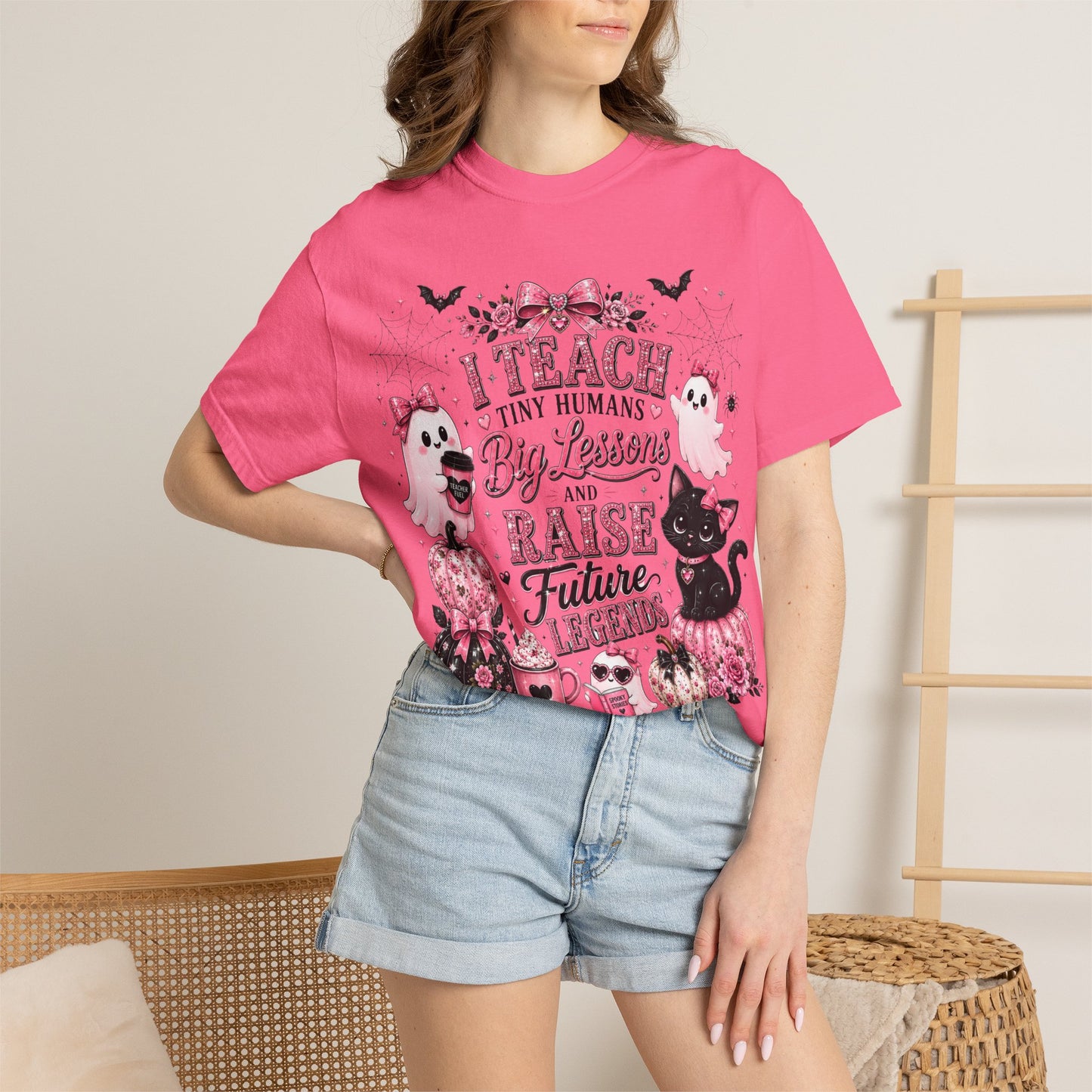 I Teach Tiny Humans Halloween Teacher Shirt | Cute Pink Ghost Comfort Colors Tee | Teacher Gift | Halloween Cat T-Shirt