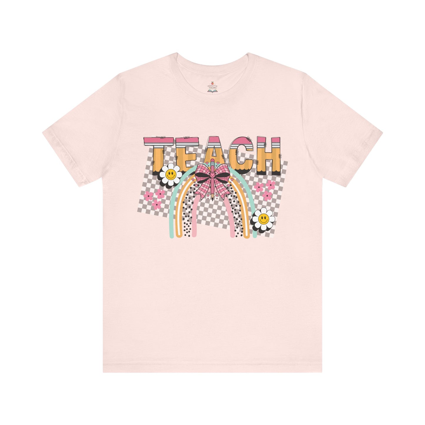 Teach Rainbow T-Shirt — Cute Retro Teacher Tee with Checkered Pattern