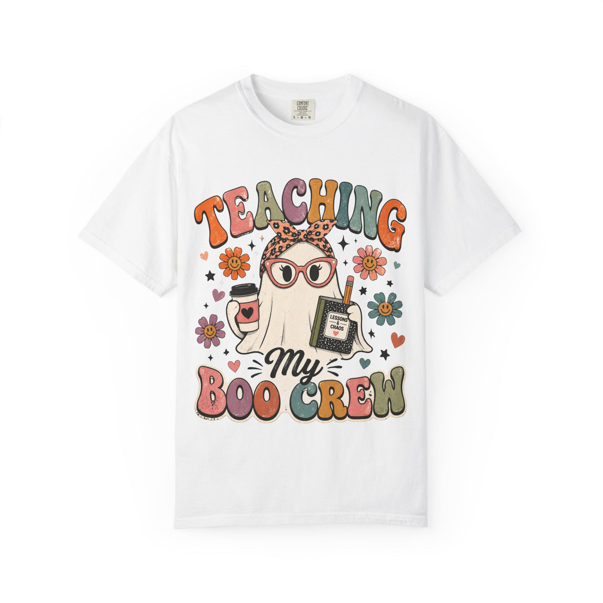White Comfort Colors 1717 Teaching My Boo Crew Halloween teacher shirt with retro spooky graphic