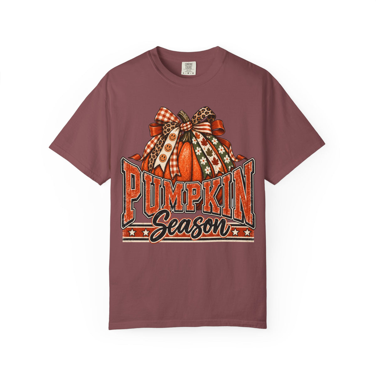 Pumpkin Season fall teacher tee with pumpkin and bow – flat lay