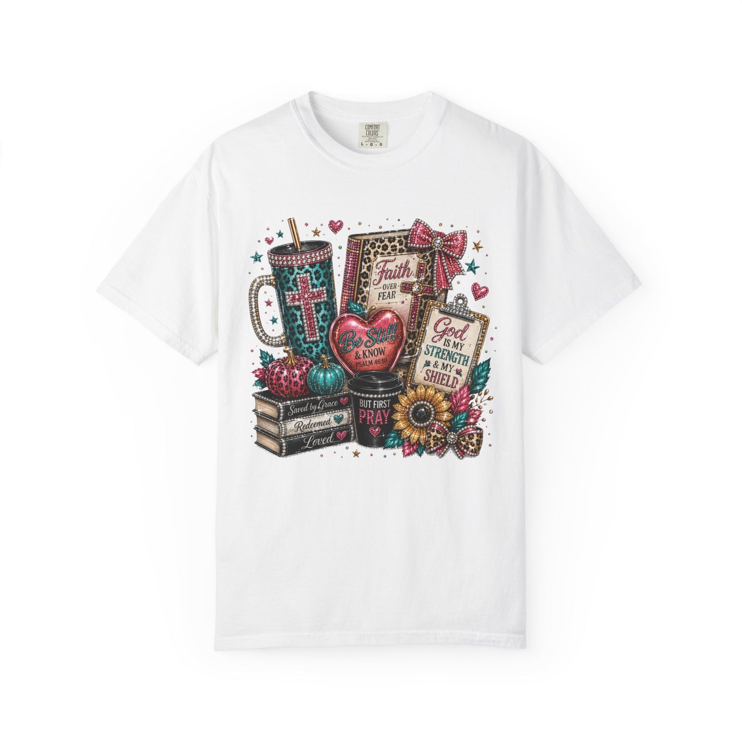 Faith Collage T-Shirt | Christian Cross, Bible, Prayer, Floral Graphics
