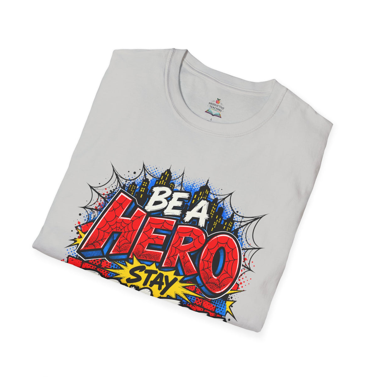 Red Ribbon Week teacher shirt - spider web Be a Hero Stay Drug Free superhero design on ice grey Gildan Softstyle tee - folded view