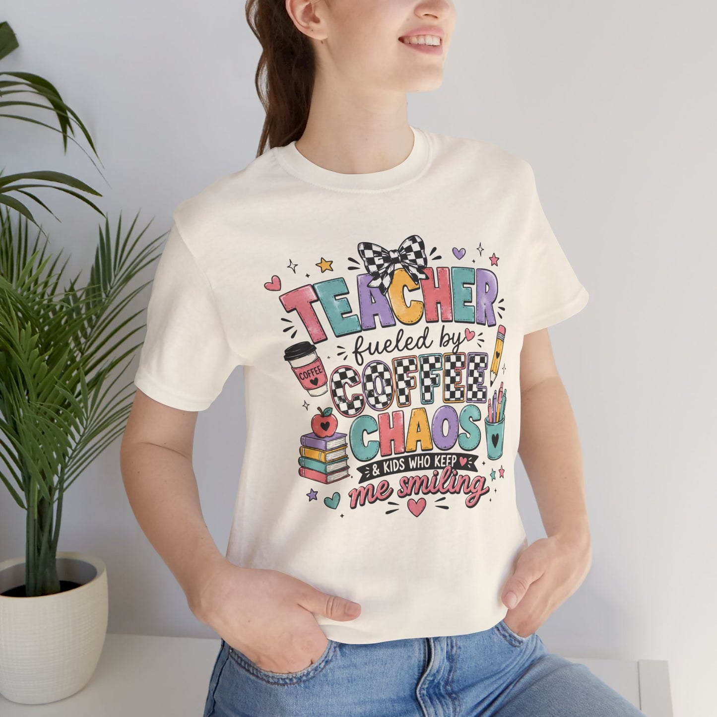 Teacher Fueled by Coffee and Chaos T-Shirt | Cute School Doodles
