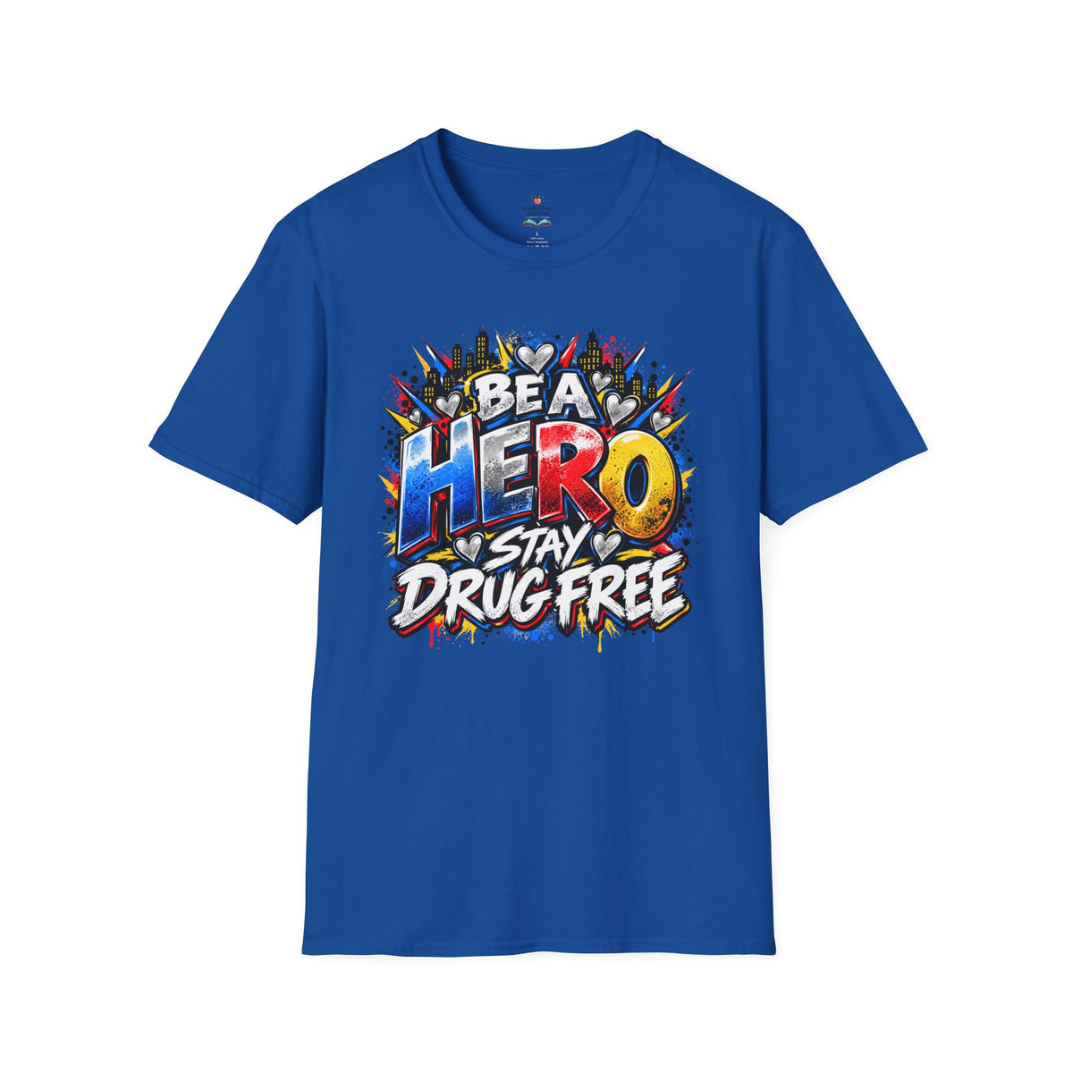 Red Ribbon Week teacher shirt - hero heart Be a Hero Stay Drug Free design on royal blue Gildan Softstyle tee - front view