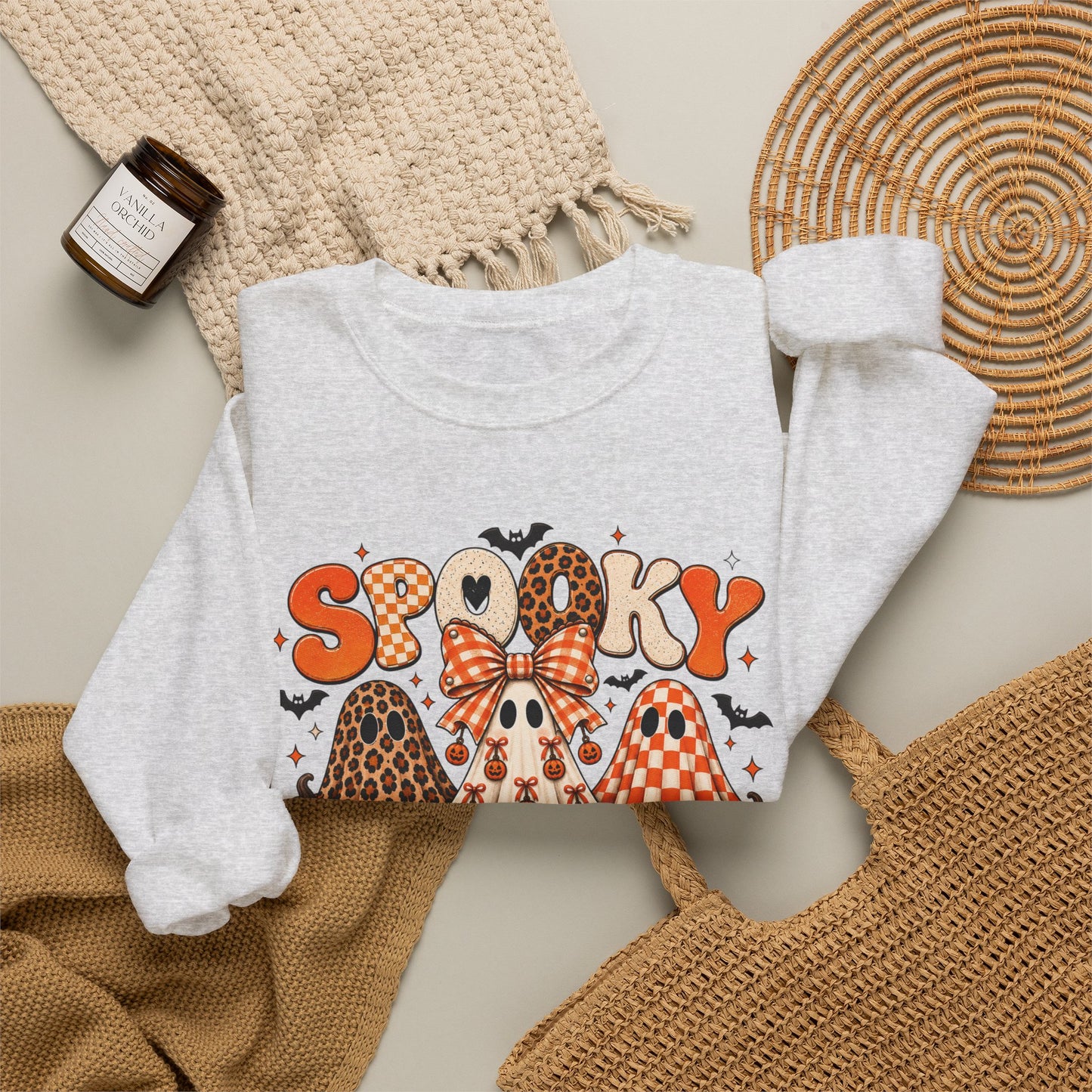 Spooky Season ghost trio Sweatshirt | Halloween pumpkins bats