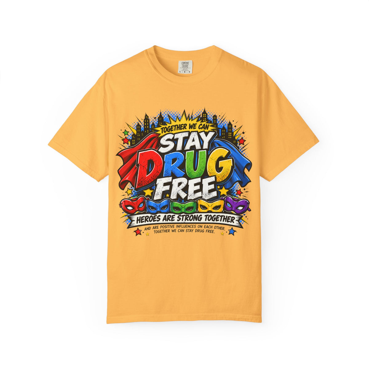 Red Ribbon Week teacher shirt - Together We Can Stay Drug Free heroes strong together comic design on white Comfort Colors tee - styled lifestyle photo