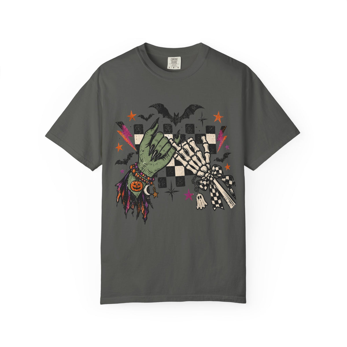Pepper Comfort Colors 1717 Halloween Pinky Promise shirt with witch and skeleton hand graphic