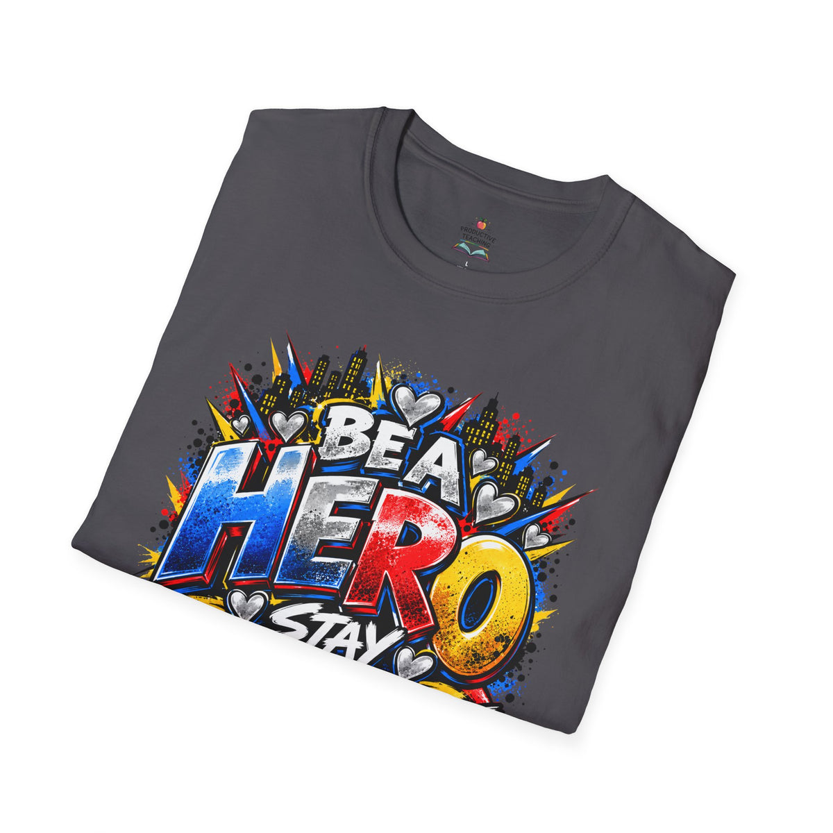 Red Ribbon Week teacher shirt - hero heart Be a Hero Stay Drug Free design on charcoal Gildan Softstyle tee - folded view