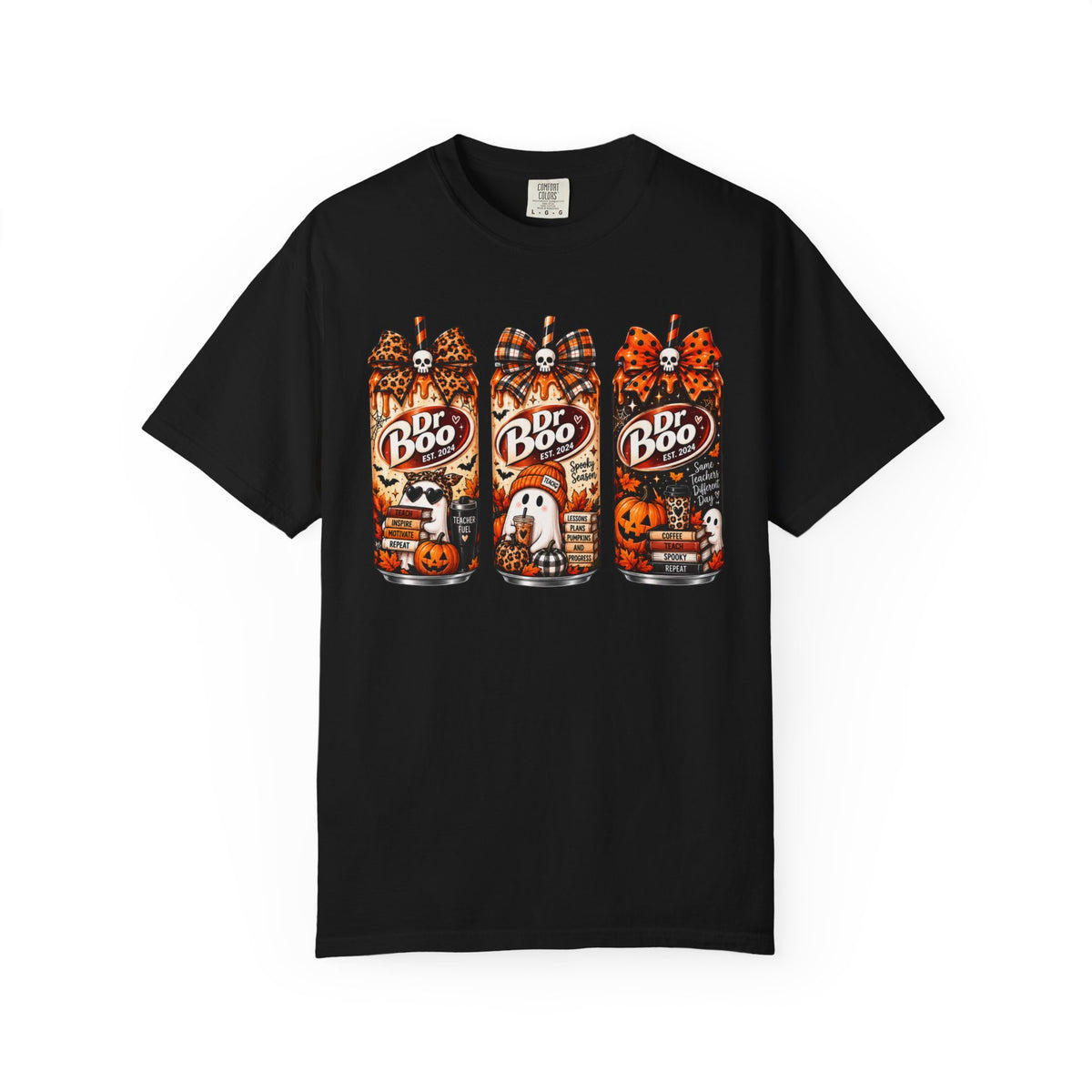 Black Comfort Colors 1717 Halloween teacher shirt with retro spooky drink graphic.