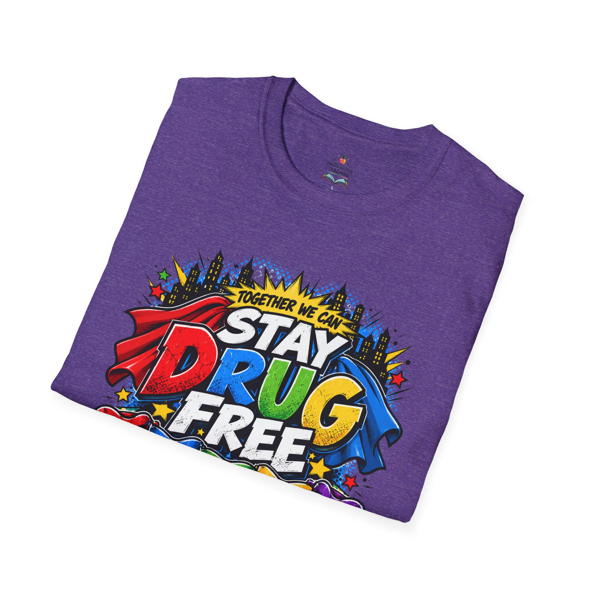Red Ribbon Week teacher shirt - Together We Can Stay Drug Free heroes design on heather purple Gildan Softstyle tee - folded view