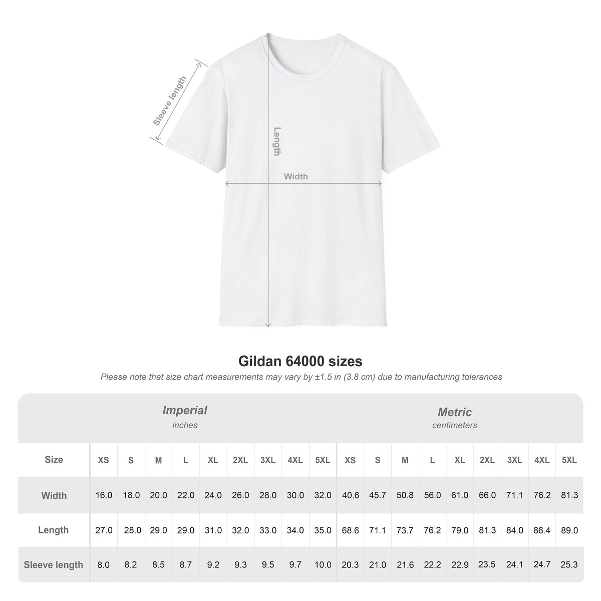 Gildan 64000 size chart - width, length and sleeve measurements in inches and centimeters, sizes XS to 5XL