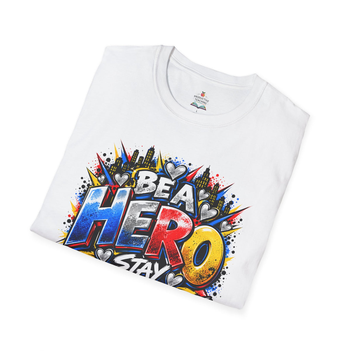 Red Ribbon Week teacher shirt - hero heart Be a Hero Stay Drug Free design on white Gildan Softstyle tee - folded view