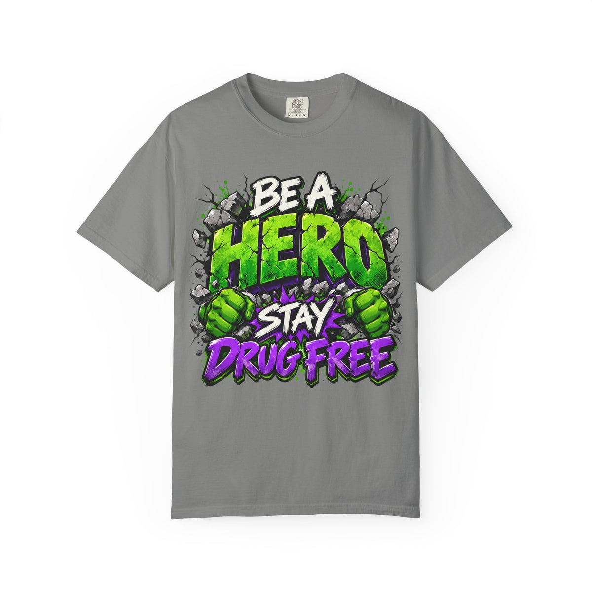 Red Ribbon Week teacher shirt - green smash Be a Hero Stay Drug Free design on black Comfort Colors tee - back view