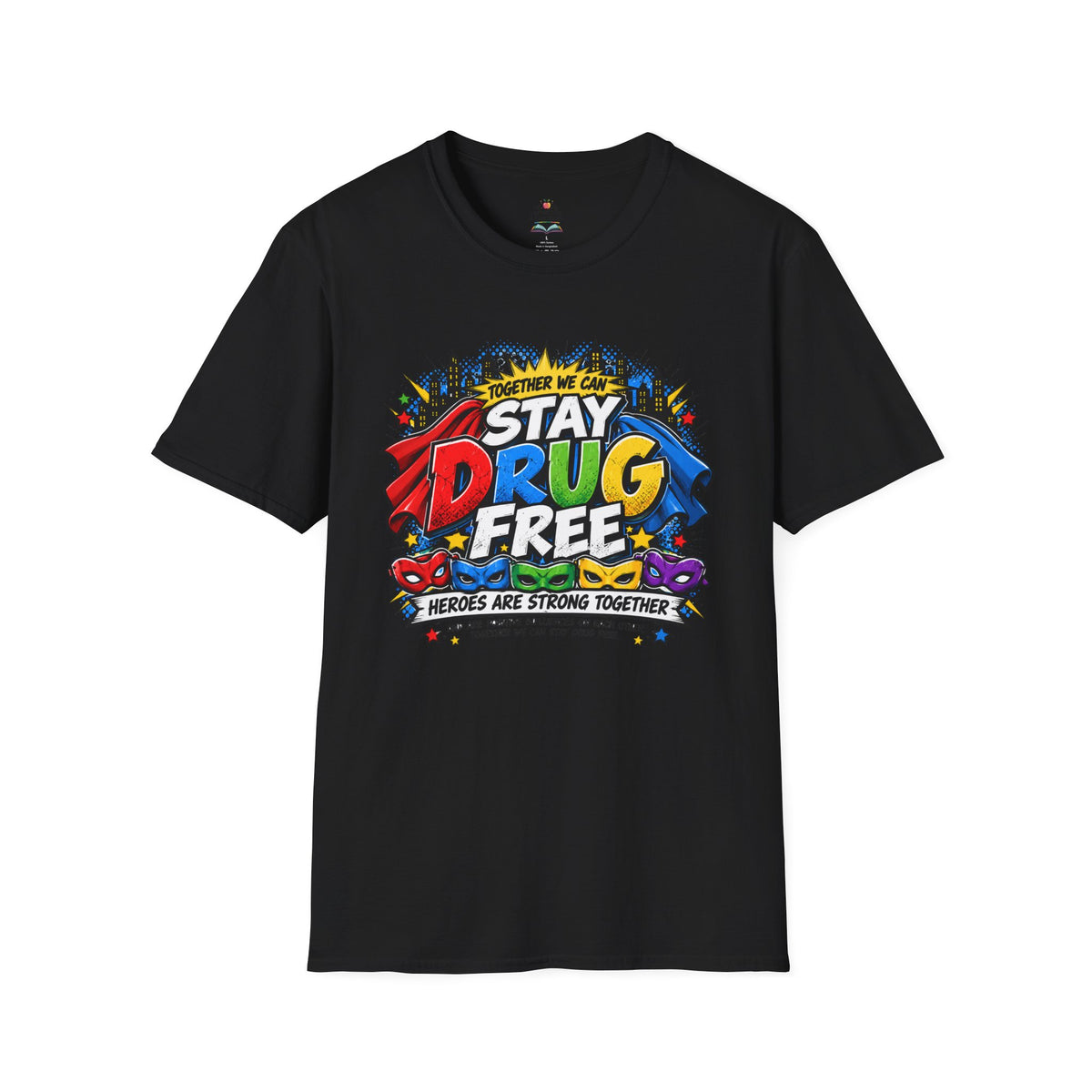 Red Ribbon Week teacher shirt - Together We Can Stay Drug Free heroes design on black Gildan Softstyle tee - front view