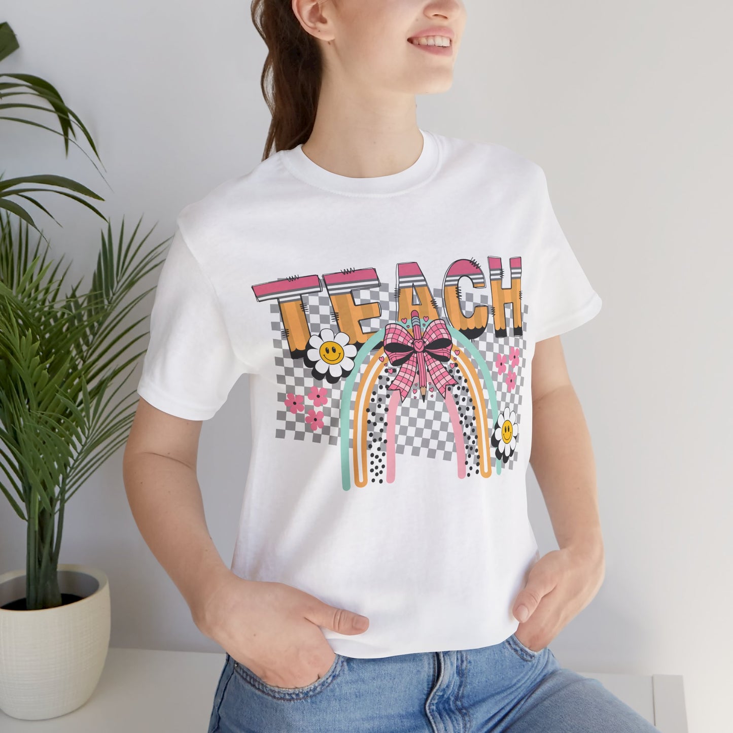Teach Rainbow T-Shirt — Cute Retro Teacher Tee with Checkered Pattern