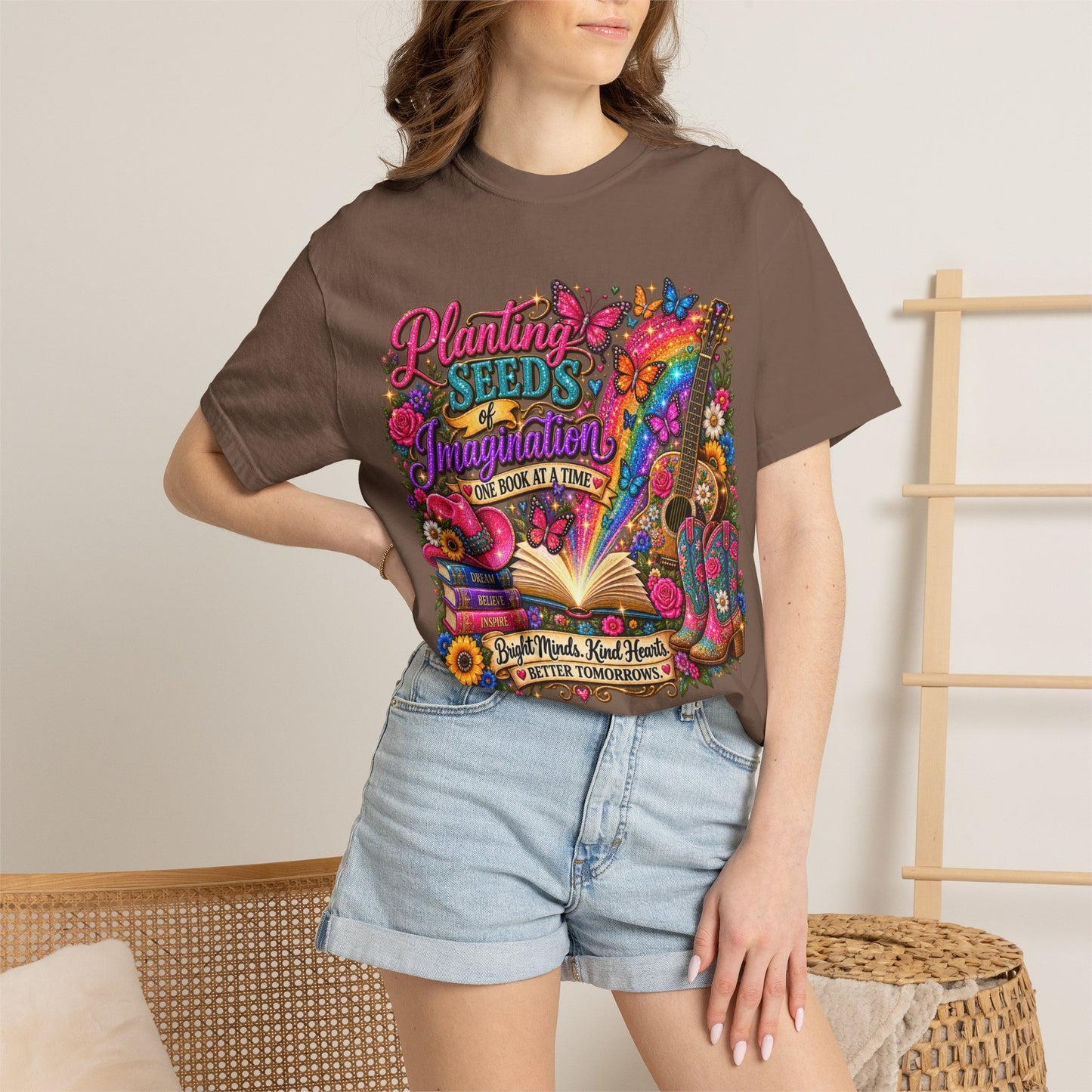 Planting Seeds of Imagination T-shirt, Colorful Book & Boots, Country Western, Guitar Tee