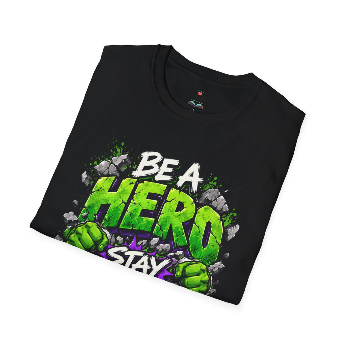 Red Ribbon Week teacher shirt - green smash Be a Hero Stay Drug Free superhero design on black Gildan Softstyle tee - folded view