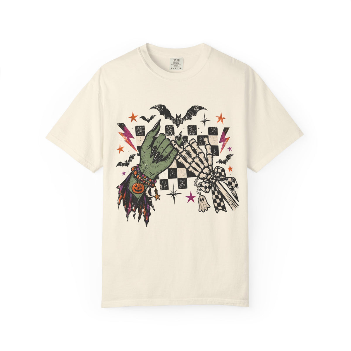 Ivory Comfort Colors 1717 Halloween Pinky Promise shirt with witch and skeleton hand graphic