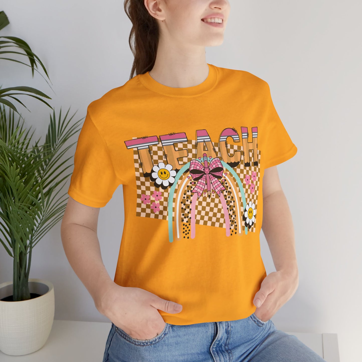 Teach Rainbow T-Shirt — Cute Retro Teacher Tee with Checkered Pattern