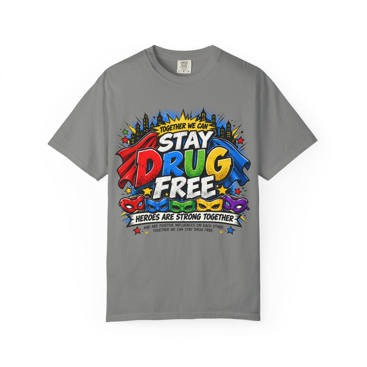 Red Ribbon Week teacher shirt - Together We Can Stay Drug Free heroes strong together comic design on white Comfort Colors tee - back view