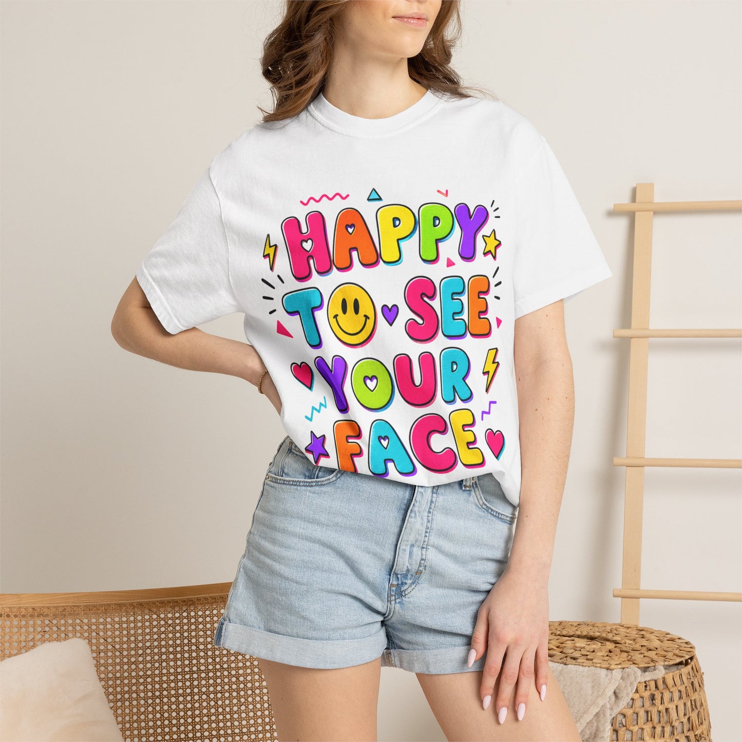 Happy to See Your Face Retro T-Shirt  | Colorful Retro Smiley Typography