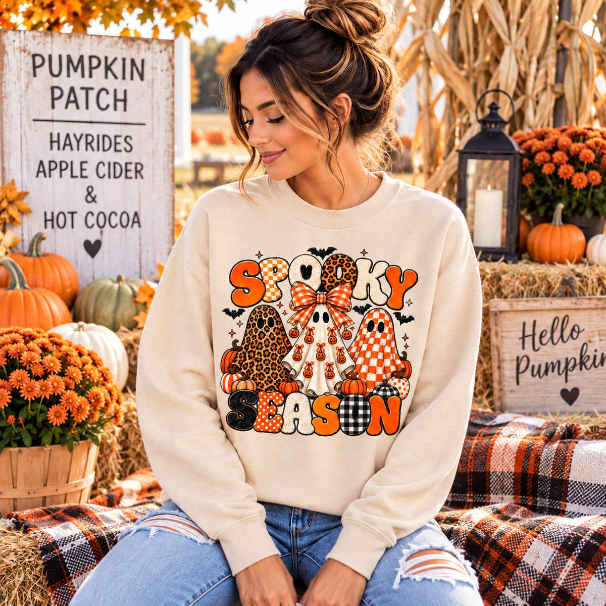 Spooky Season ghost sweatshirt styled for a cozy Halloween fall outfit