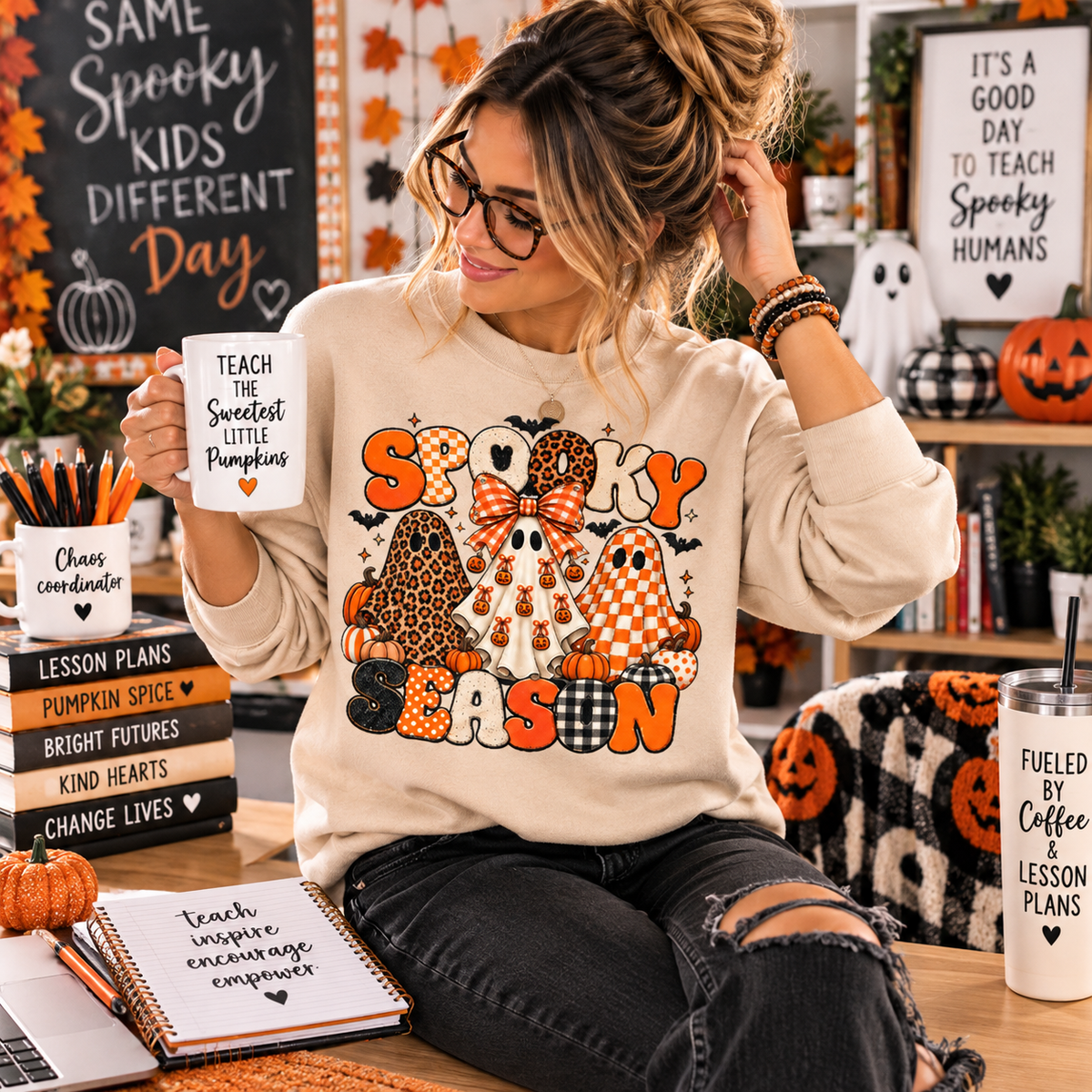 Halloween ghost teacher crewneck sweatshirt with pumpkins, bats and spooky season design
