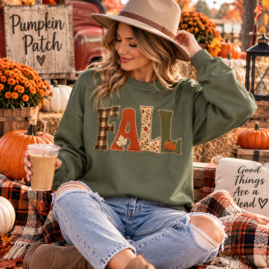 Fall patchwork sweatshirt styled for a cozy autumn outfit.