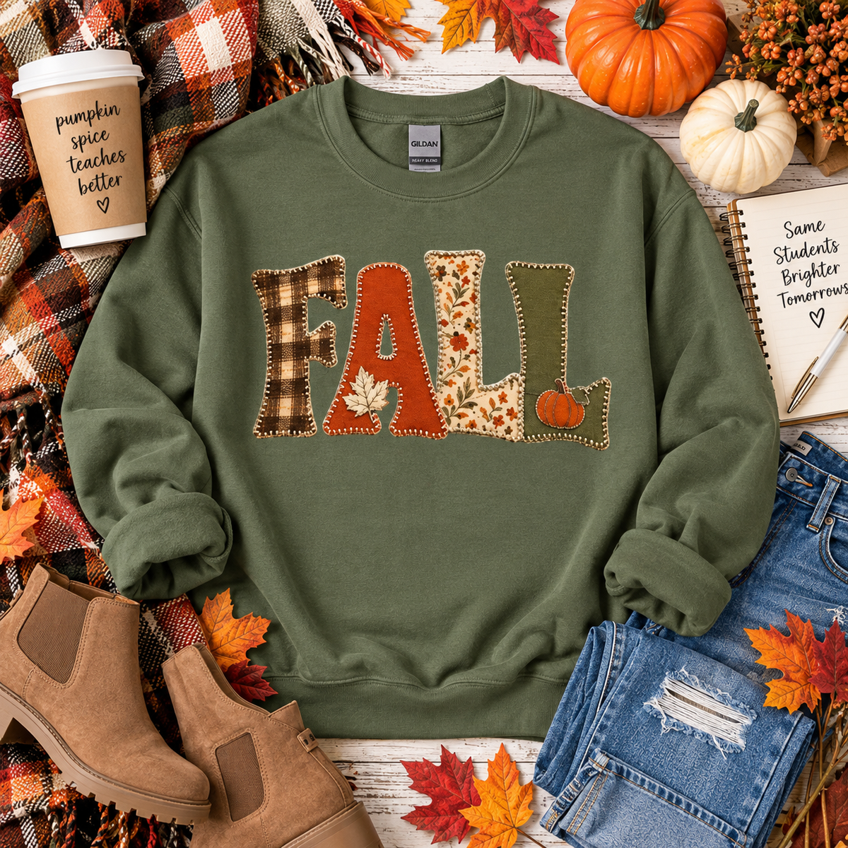 Fall patchwork sweatshirt flat lay with plaid pumpkin and autumn-inspired details.